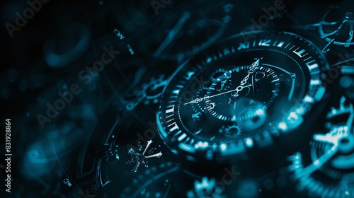watch dial screen technology background used as a time indicator and time measure. Geometric shapes are used in the background, with cogs underneath. centered on the tone of dark blue. 