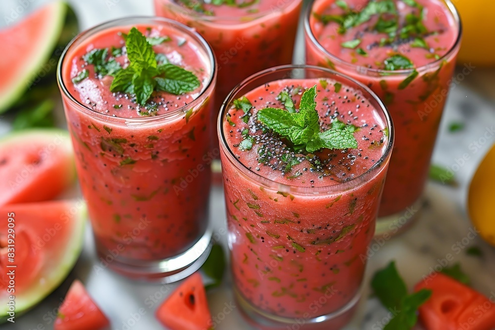 Watermelon Smoothie - Bright red with watermelon chunks and a sprig of mint. Watermelon Smoothie - Bright red with watermelon chunks and a sprig of mint.