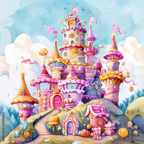 Illustrate a whimsical castle crafted from layers of scrumptious pastries and candies, set against a dreamy landscape, with a touch of watercolor for a magical effect