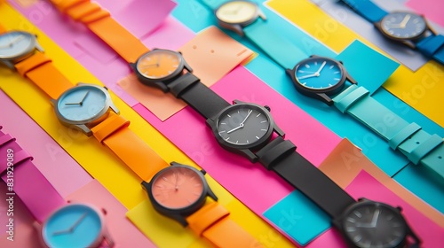 Paper sheets with colorful wrist watches photo