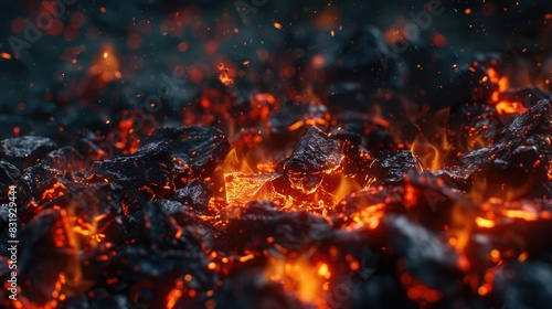 Close-up of glowing embers in a campfire, emitting a mesmerizing orange hue against the dark backdrop