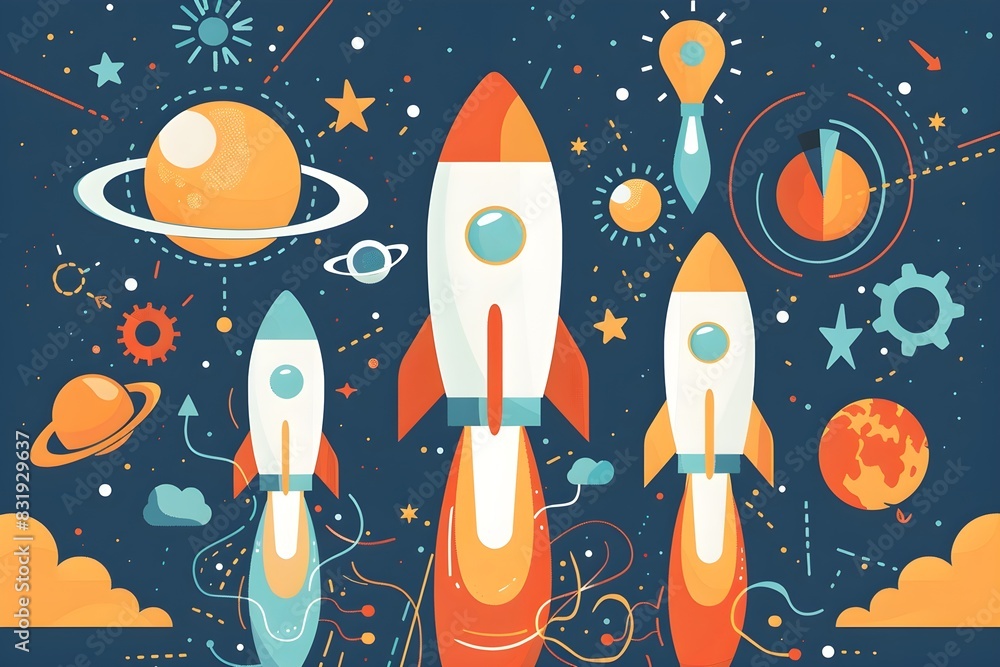 Modern startup business success flat design top view innovative strategies cartoon drawing Modern startup business success flat design top view innovative strategies cartoon drawing