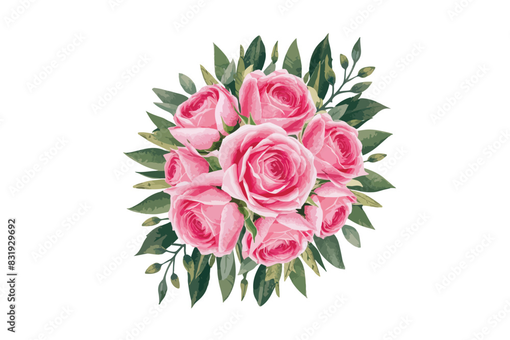 Watercolor pink rose flower bouquets clipart illustration and spring floral branch with green leaves decoration on white background,