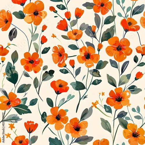 Bright floral pattern for fabrics. Vintage inspired flowers design. Ideal for wallpapers and decor. AI © Irina Ukrainets