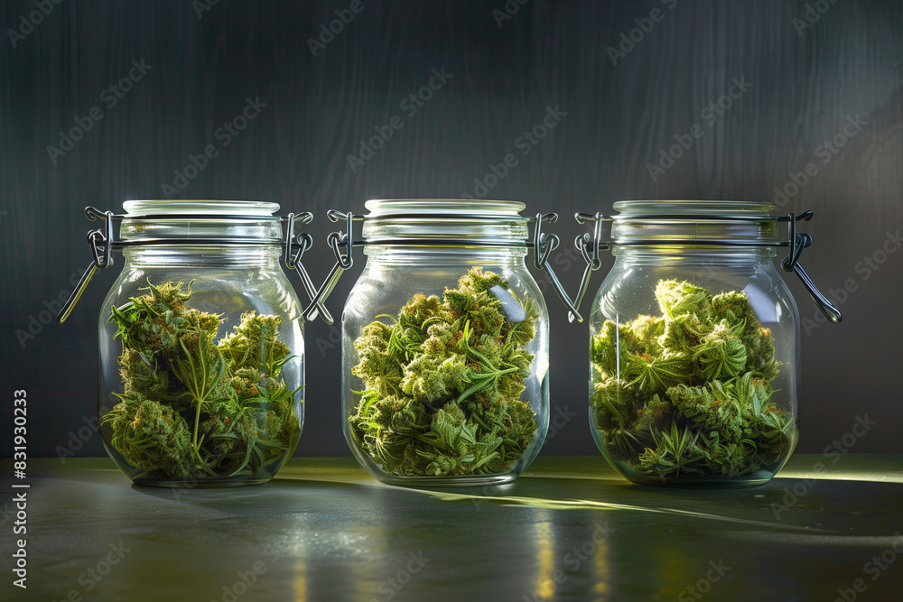 Four jars of marijuana are lined up on a table. The jars are all different sizes and are filled with various amounts of marijuana. Concept of abundance and variety Four jars of marijuana are lined up on a table. The jars are all different sizes and are filled with various amounts of marijuana. Concept of abundance and variety