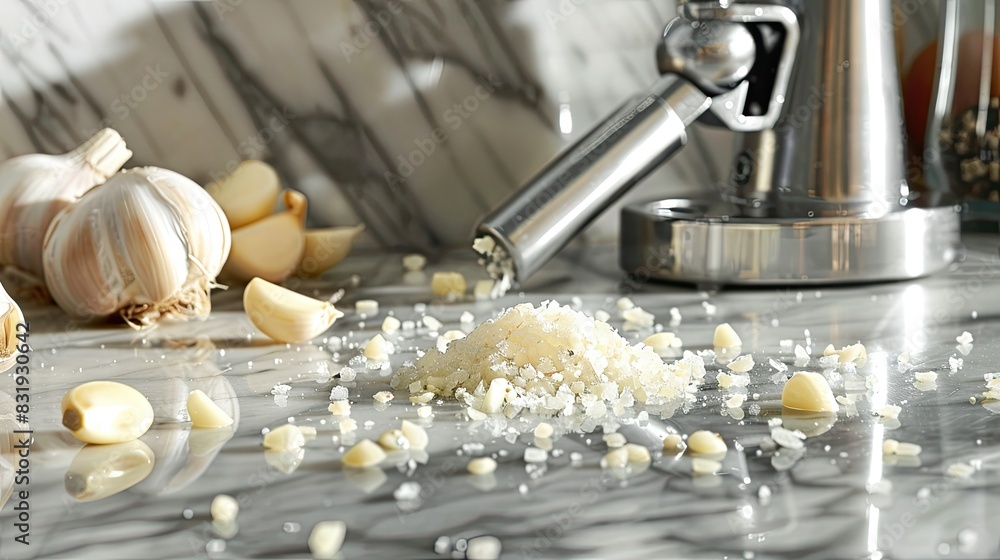 Garlic cloves and garlic press on a kitchen counter, with a sprinkle of chopped garlic around Garlic cloves and garlic press on a kitchen counter, with a sprinkle of chopped garlic around