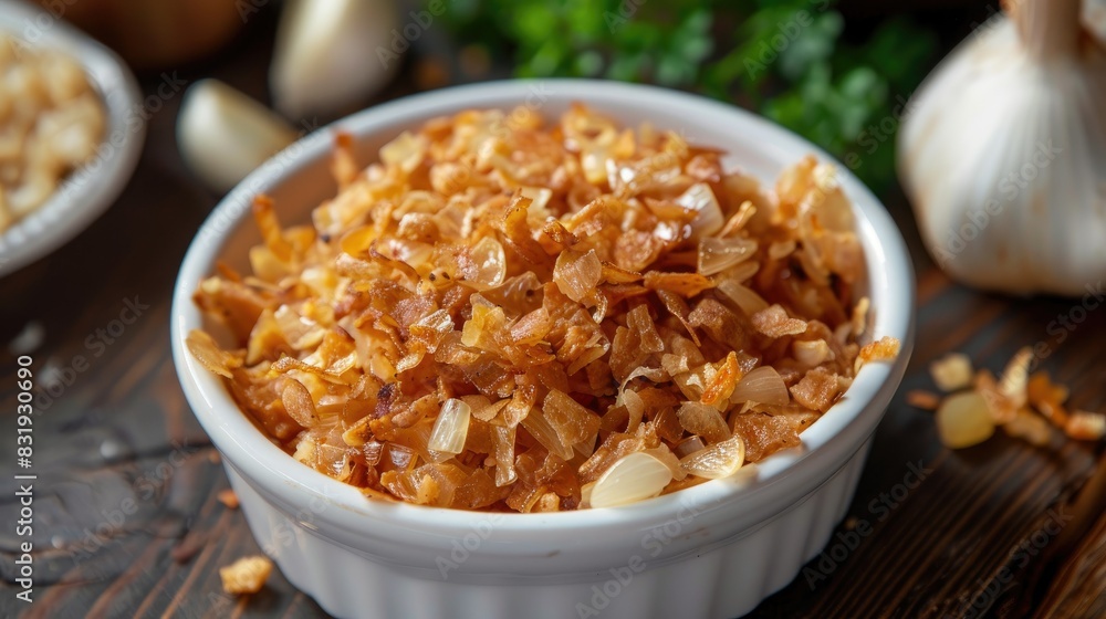 Golden brown fried garlic in a small white dish, highlighting its crunchy texture and rich aroma
