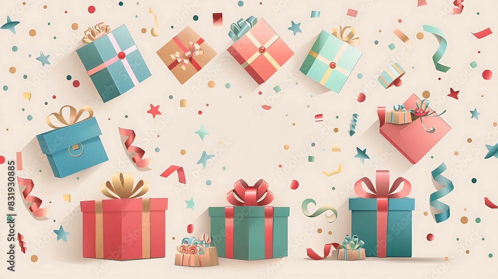 Celebratory Birthday Greeting Card with Ribbon and Gift Boxes Vector Design Celebratory Birthday Greeting Card with Ribbon and Gift Boxes Vector Design