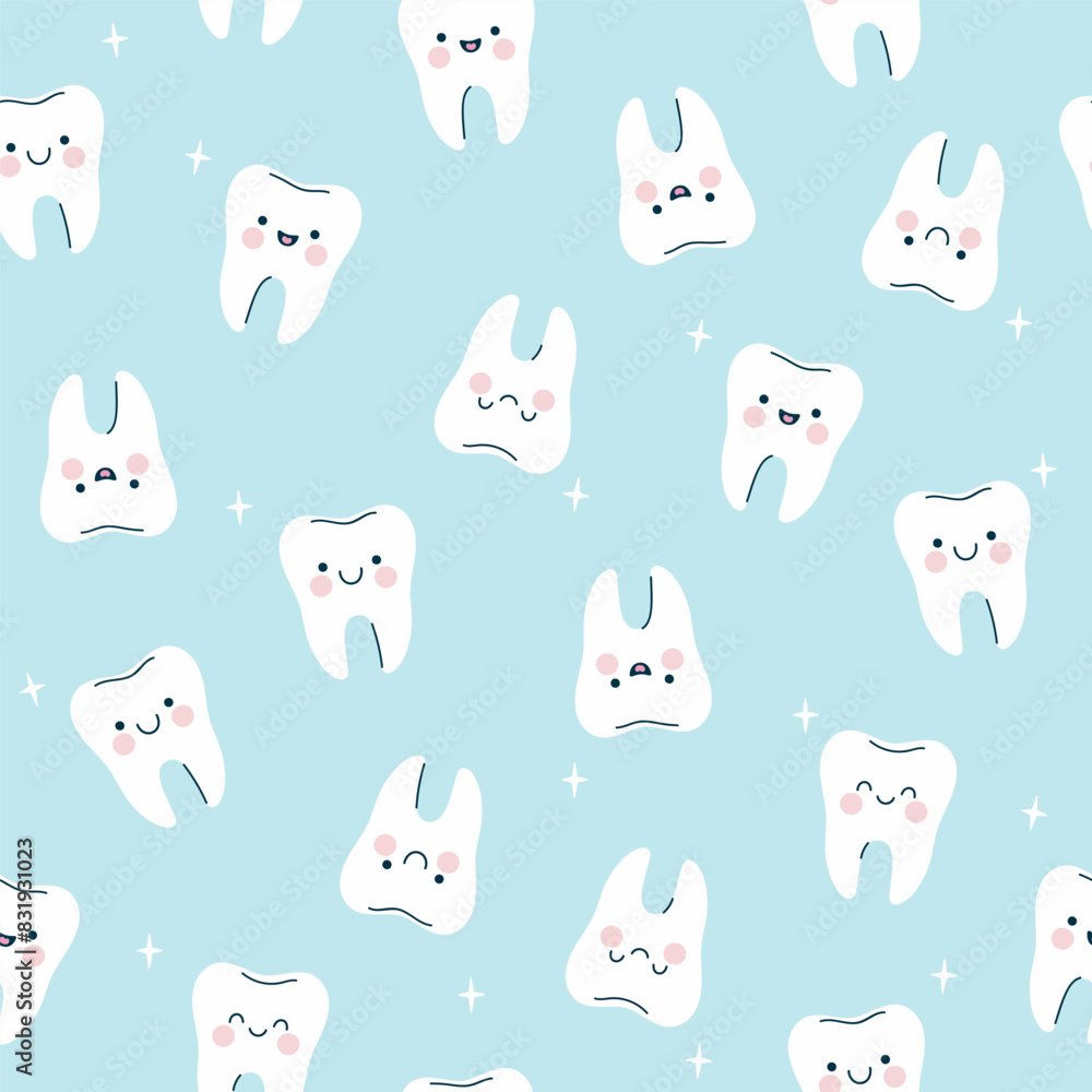 Simple seamless pattern with cute kawaii teeth. Vector graphics. Simple seamless pattern with cute kawaii teeth. Vector graphics.