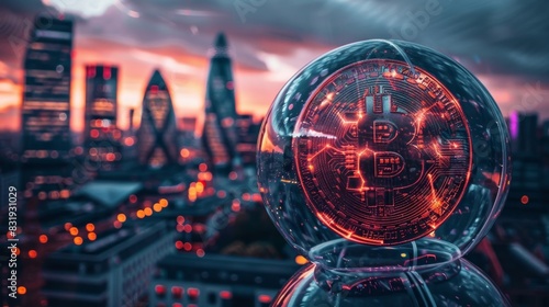 Encased in a sleek glass dome this crypto city is a hub for technological advancements and digital currency innovation.