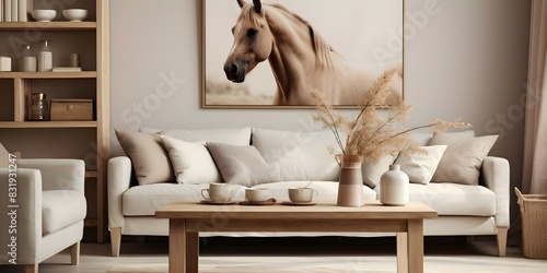 Rustic living room with horse painting offwhite sofas wooden coffee table. Concept Rustic Decor, Horse Painting, Off-White Sofas, Wooden Coffee Table photo