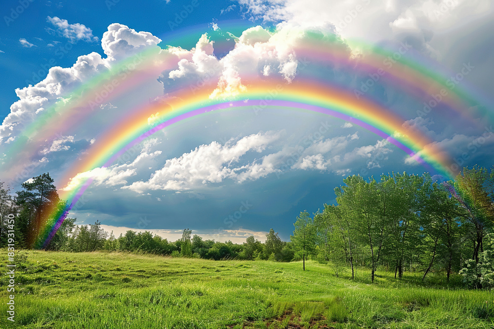 Generative ai on theme of beautiful tranquil landscape with magical bright rainbow at cloudy sky Generative ai on theme of beautiful tranquil landscape with magical bright rainbow at cloudy sky