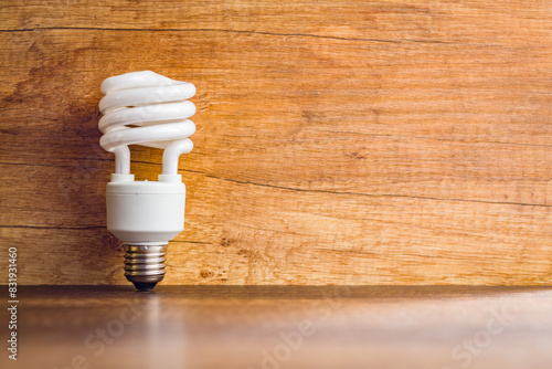 Energy saving light bulb on wooden  table. Fluorescent Lightbulb photo