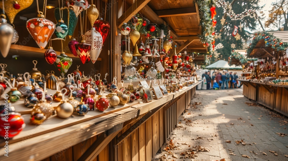 Wooden stalls with handcrafted ornaments create a festive atmosphere, enticing with unique gifts and cheer.