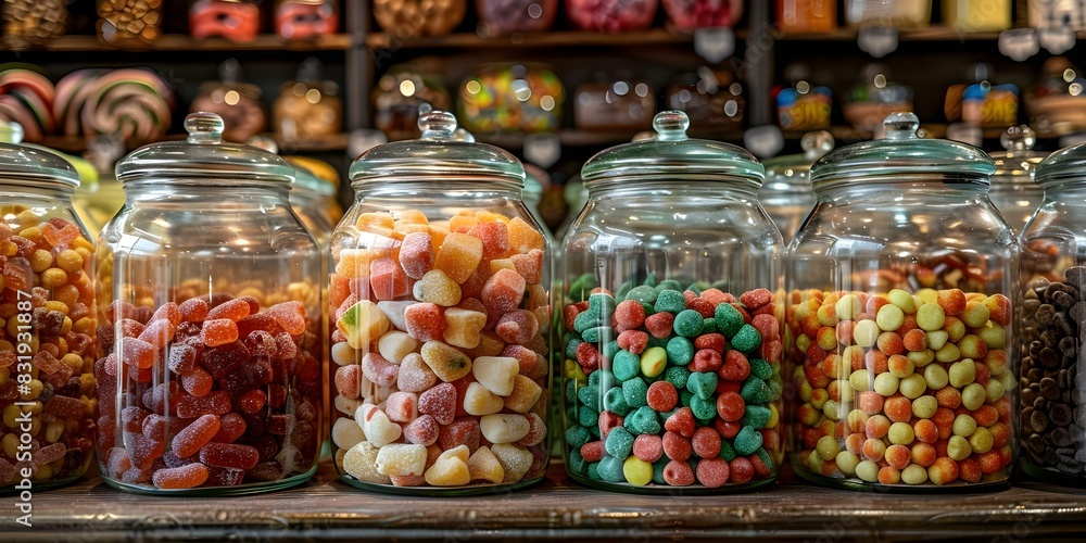 A candy store displaying vintage sweets in glass jars. Concept Vintage Sweets, Candy Store, Glass Jars, Retro Display, Sweet Treats
