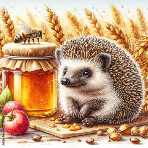 Hedgehog on a wooden table with a jar of buckwheat honey