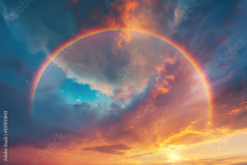 Generative ai on theme of beautiful tranquil landscape with magical bright rainbow at cloudy sky © oleg525