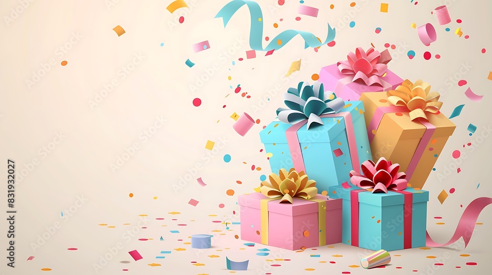 Festive Birthday Greeting Card with Ribbon and Gift Boxes on Light Background Vector Illustration for Banner Template and Posters Festive Birthday Greeting Card with Ribbon and Gift Boxes on Light Background Vector Illustration for Banner Template and Posters