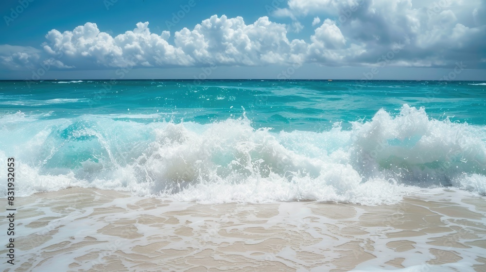 Stunning azure ocean waves crashing against a pristine white sandy beach, capturing the beauty of nature Stunning azure ocean waves crashing against a pristine white sandy beach, capturing the beauty of nature