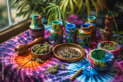 A colorful table with various items including a bowl of marijuana  a bowl of marijuana  and a bowl of marijuana