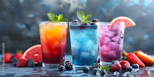 Refreshing Summer Cocktail Menu with Fresh Fruit. Concept Summer Cocktails, Fresh Fruit, Refreshing Drinks, Cocktail Menu, Summer Recipes photo