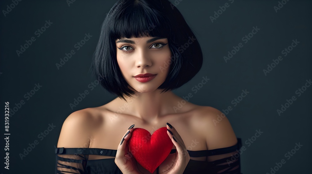 Woman with bob haircut holding a red heart. Studio shot, dark background. Concept of love and affection. Fashion style portrait. AI Woman with bob haircut holding a red heart. Studio shot, dark background. Concept of love and affection. Fashion style portrait. AI