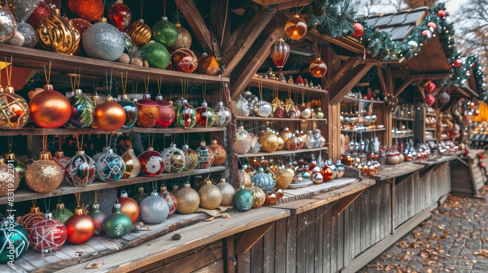 Wooden stalls with handcrafted ornaments line the streets, creating a festive European Christmas market. Wooden stalls with handcrafted ornaments line the streets, creating a festive European Christmas market.