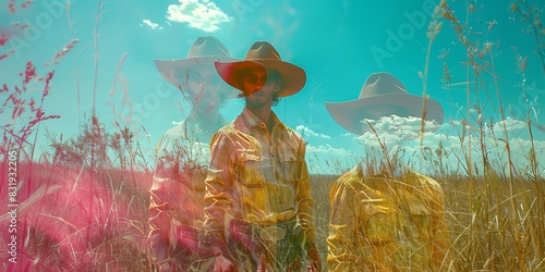 Cowboy in a field with vibrant colors and a clear blue sky, double exposure effect