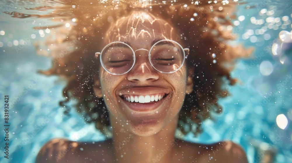Fototapeta premium A young woman with glasses smiles joyfully underwater in a warm ocean setting