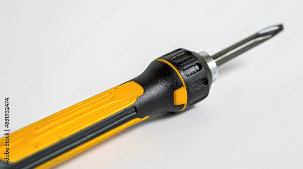 Black and yellow head screwdriver on white background with rod pointing downwards Black and yellow head screwdriver on white background with rod pointing downwards