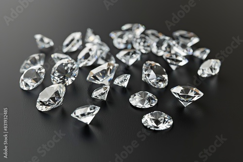 Diamonds. Close up of sparkling luxury diamonds of different cuts and sizes on a dark black background with shadows. Dazzling shiny transparent pure diamonds soft focus with bokeh. Jewel, jewellery