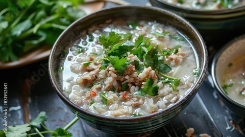 Warm and inviting bowl of rice soup with minced pork and crunchy garlic, served with a side of fresh herbs