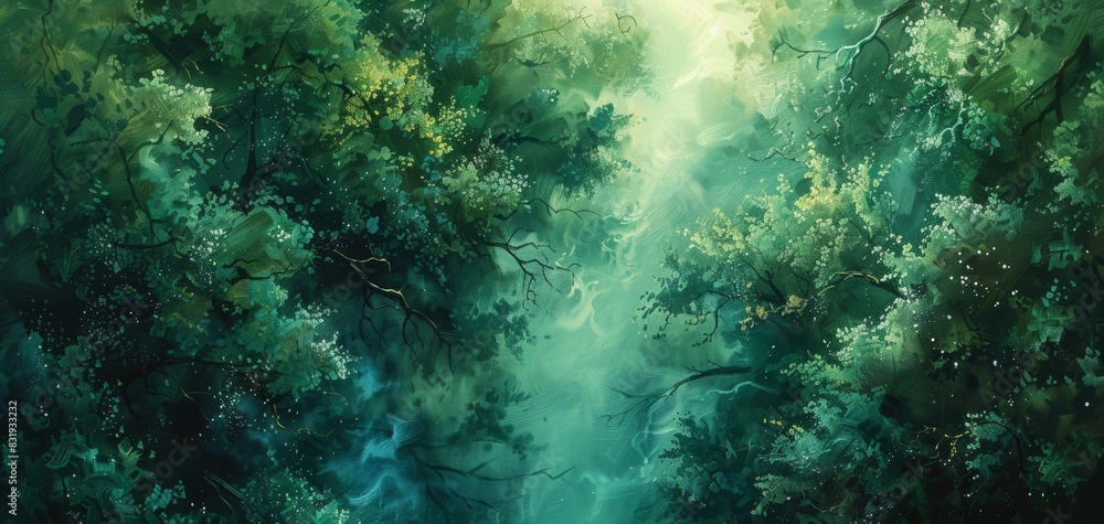 Fototapeta premium Serene forest landscape with sunlight filtering through lush green trees, creating a tranquil and peaceful atmosphere.