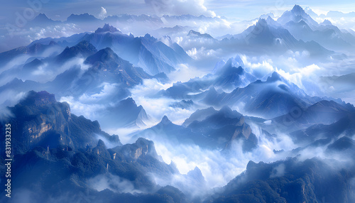 Aerial view of cloudcovered mountain range in electric blue sky