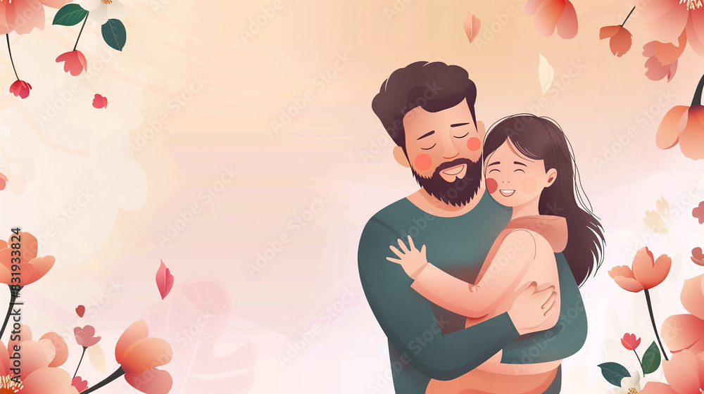 A heartwarming Father's Day illustration of a father and child in a joyful embrace, isolated on a clean mockup background, with ample space for text. A heartwarming Father's Day illustration of a father and child in a joyful embrace, isolated on a clean mockup background, with ample space for text.
