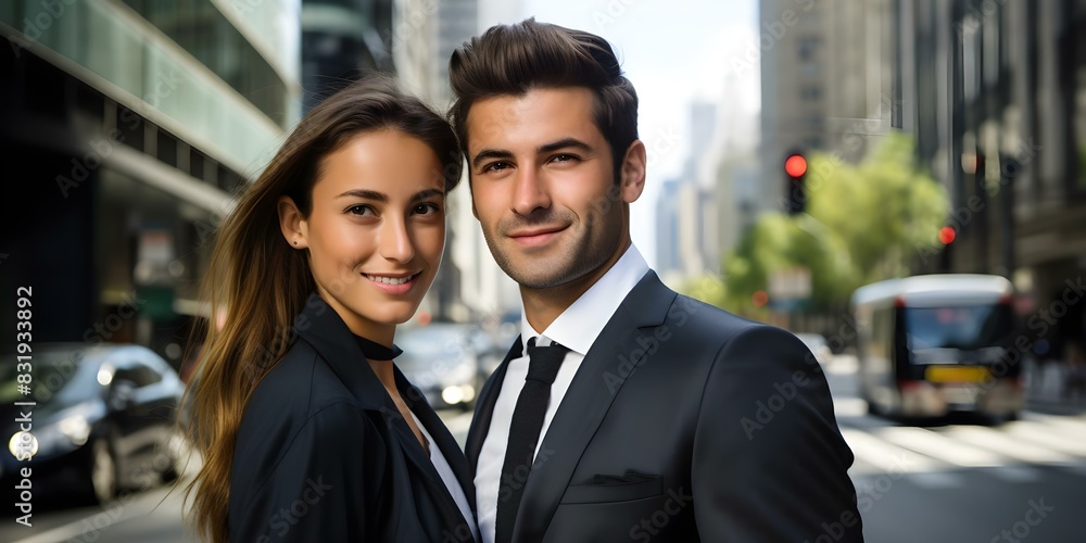 Business professionals posing in front of city skyscrapers. Concept Corporate Attire, Urban Setting, Skyscraper Backdrop, Professional Poses, Cityscape Photographs Business professionals posing in front of city skyscrapers. Concept Corporate Attire, Urban Setting, Skyscraper Backdrop, Professional Poses, Cityscape Photographs