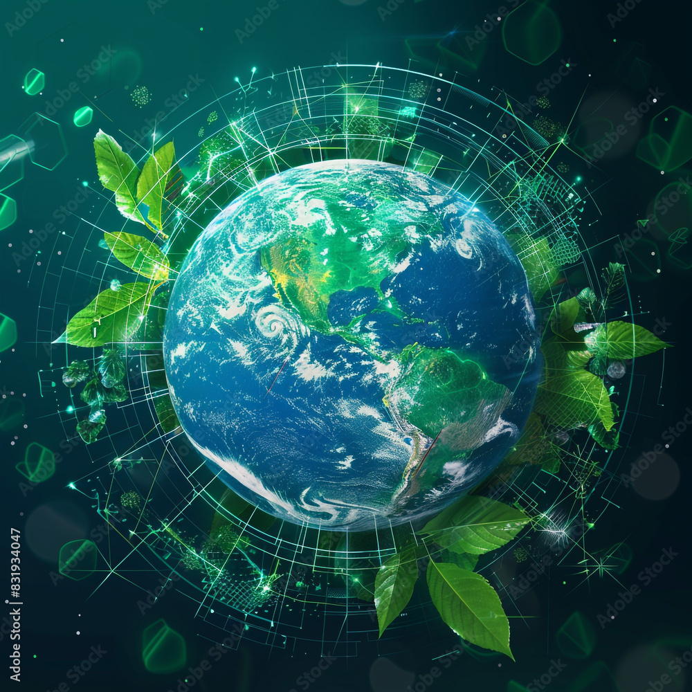 Naklejka premium Environmental technology concept. Abstract illustration. Sustainable development goals. SDGs. Green Earth is concept of Saving the environment, and environmentally sustainable. Environment World Earth
