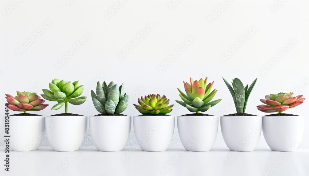 A row of succulent plants in white pots against a clean background, arranged neatly to emphasize simplicity and order, with copy space for text