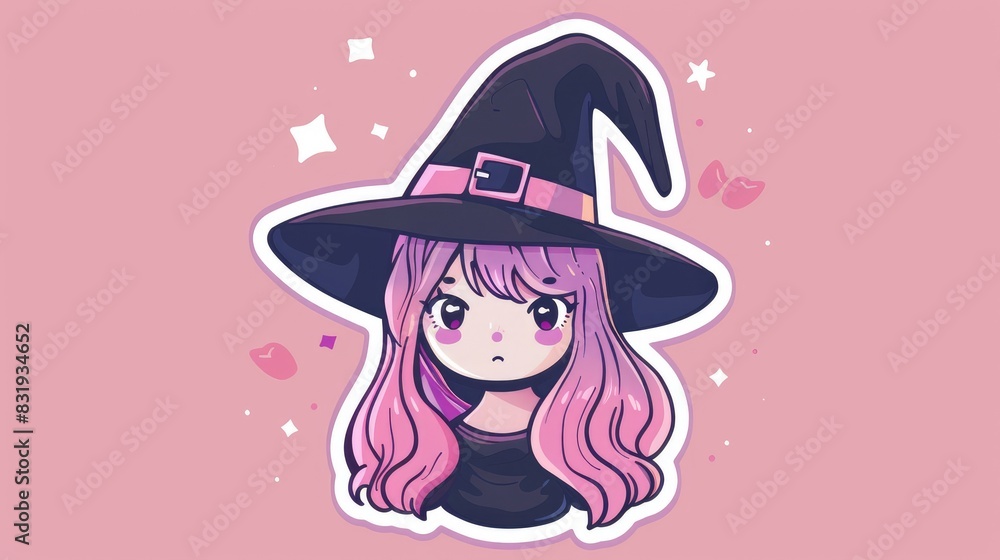 Charming Kawaii Witch Cartoon Drawing with a Worn Sticker Effect Charming Kawaii Witch Cartoon Drawing with a Worn Sticker Effect