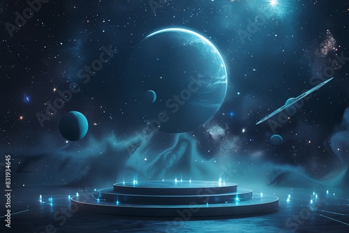 A futuristic stage with a glowing platform  surrounded by planets and stars in a cosmic setting.