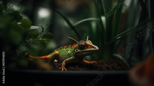 Colorful chameleon blending with lush green foliage in a dark and serene terrarium setting showcasing its vibrant skin and intricate texture. photo