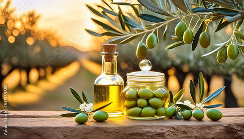 olive plant with flowers and fruit. olive bottle with olive capsules dengan background putih photo