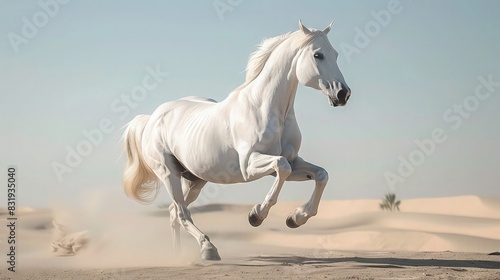 A majestic white horse runs across a sandy desert with a crisp  turquoise dawn sky behind it  the clear light emphasizing the muscular grace of the horse in motion.