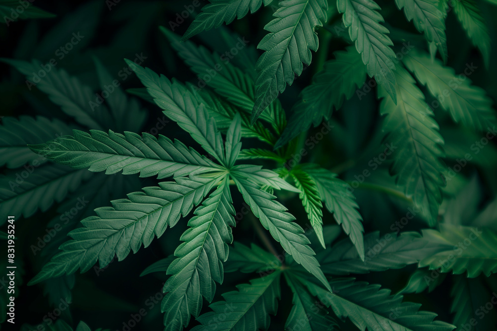 Obraz premium A large green marijuana plant with a leafy green stem. The plant is very tall and has a lot of leaves