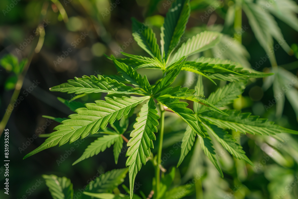 A large green marijuana plant with a leafy green stem. The plant is very tall and has a lot of leaves A large green marijuana plant with a leafy green stem. The plant is very tall and has a lot of leaves