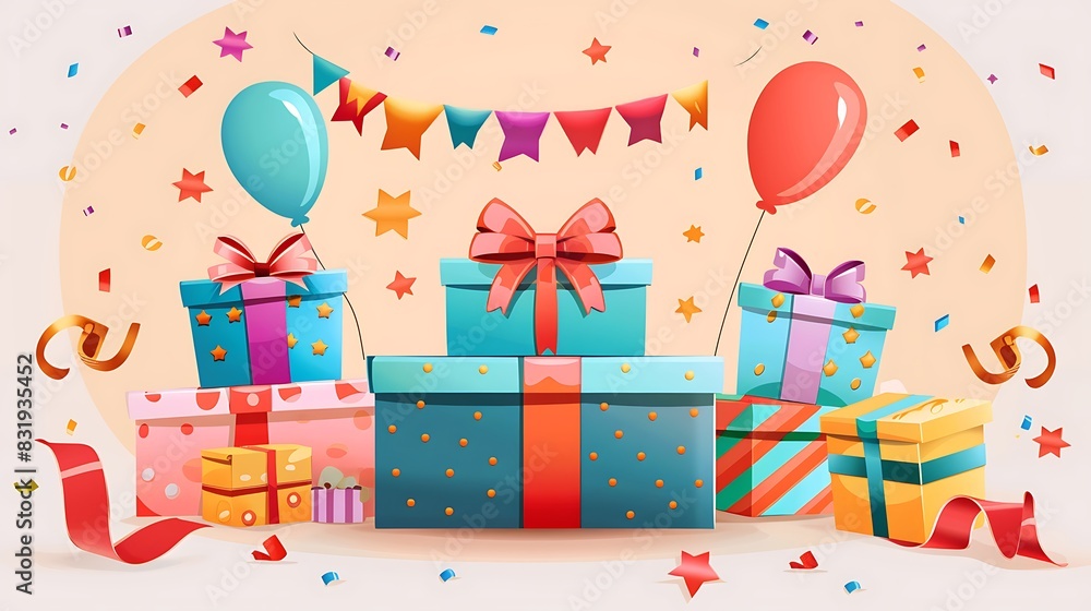 Festive Birthday Celebration Greeting Card Design with Ribbon and Gift Boxes Vector Illustration Festive Birthday Celebration Greeting Card Design with Ribbon and Gift Boxes Vector Illustration