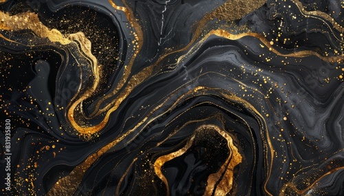 An abstract background of black marble with gold liquid patterns, creating a luxurious and artistic design suitable for modern and elegant wallpapers