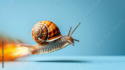 Snail flying fast with rocket shell, blue background © Kateryna Kordubailo