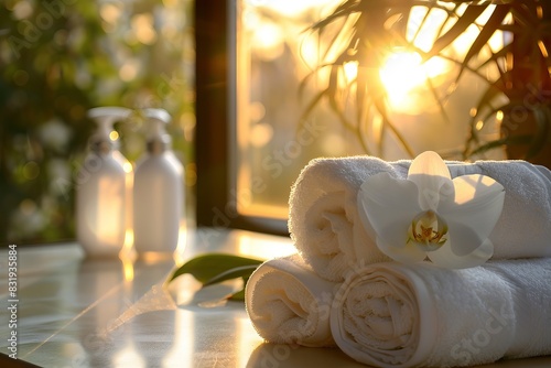 White towels and lotions on table in spa salon  orchid flower near window with sunlight  beauty treatment concept  blurred background.