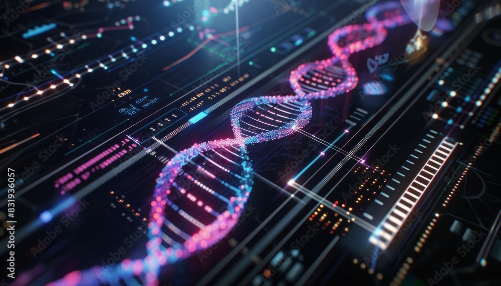 A futuristic DNA medical screen displaying holographic data, ideal for depicting advanced scientific research and health technologies A futuristic DNA medical screen displaying holographic data, ideal for depicting advanced scientific research and health technologies